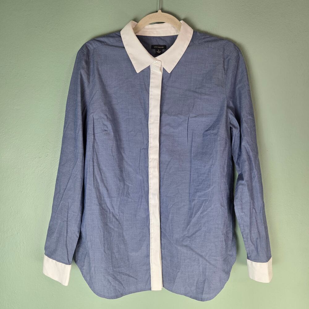 Ann Taylor Women Large Top Medium Blue White Contrast Collar Long Sleeve Stretch